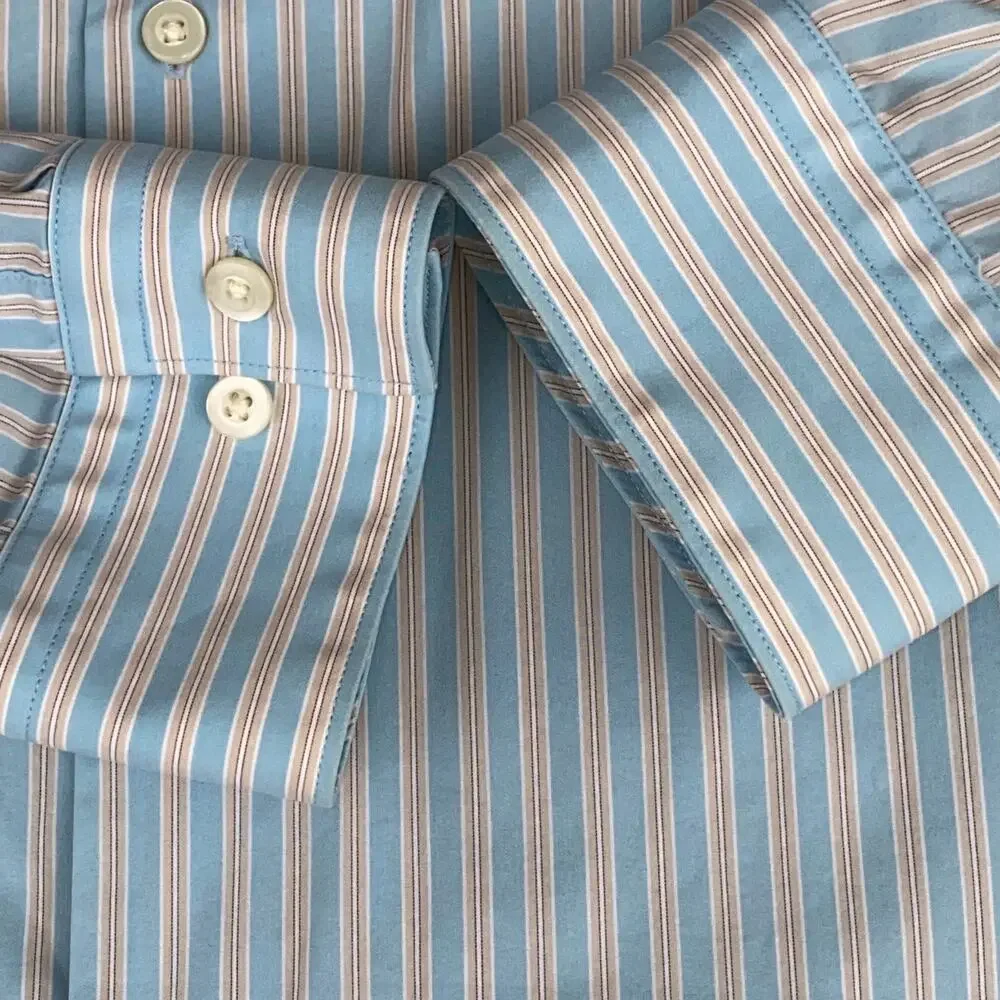 Banana Republic Fitted L 16-16 1/2 Aqua Blue,Tan & White Stripe Cotton Shirt
